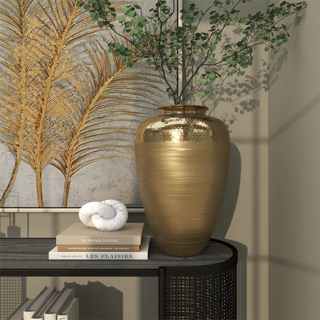 Tall Aluminum Brushed Vase with Hammered Top, 18"