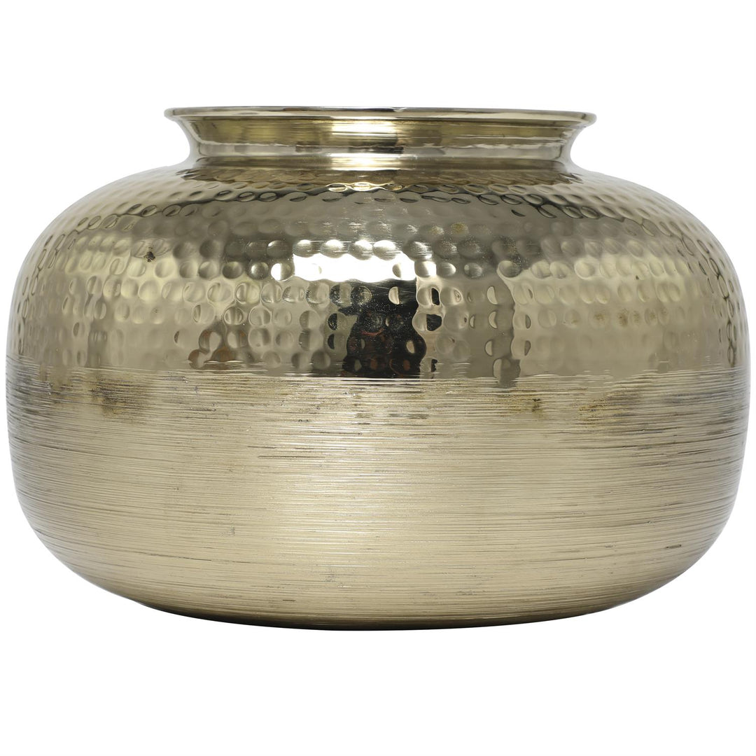 Round Aluminum Brushed Vase with Hammered Top, Large