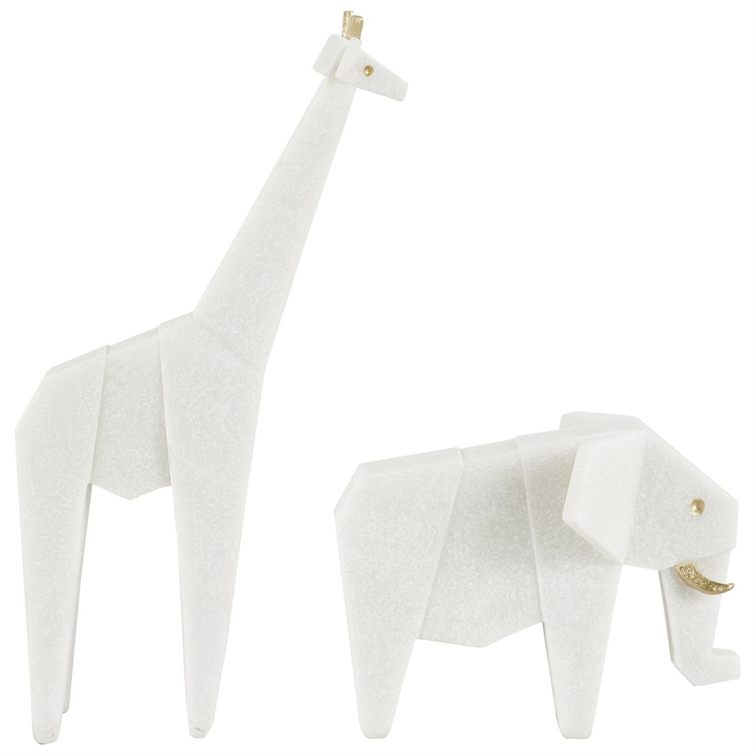 Elephant & Giraffe Origami Inspired Sculpture Set with Gold Accents