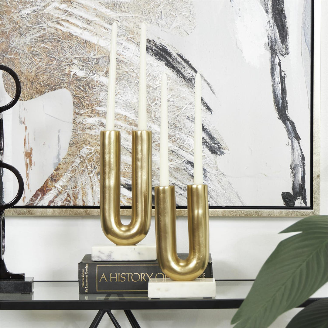 Metal U-Shaped Candle Holder Set with Marble Bases