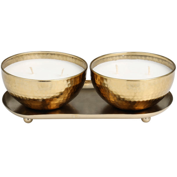 Scented Candle Set with Tray in Hammered Metal Bowls, 2 x 12 oz