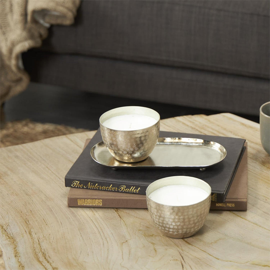 Scented Candle Set with Tray in Grid Patterned Metal Bowls, 2 x 10 oz