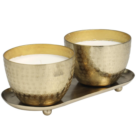 Scented Candle Set with Tray in Grid Patterned Metal Bowls, 2 x 10 oz