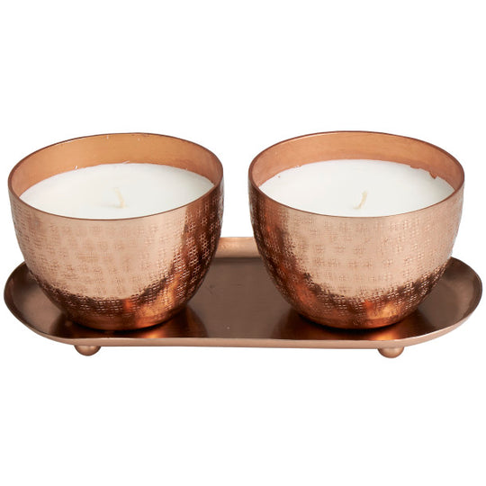 Scented Candle Set with Tray in Grid Patterned Metal Bowls, 2 x 10 oz