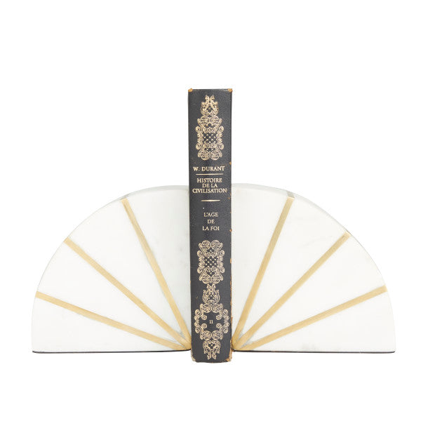 Quarter Moon Geometric Marble Bookends Set with Gold Inlay