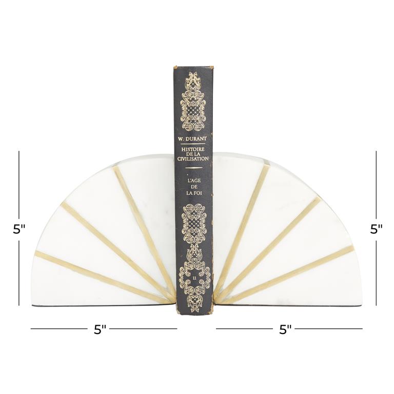 Quarter Moon Geometric Marble Bookends Set with Gold Inlay