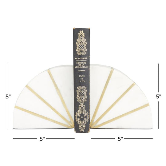 Quarter Moon Geometric Marble Bookends Set with Gold Inlay