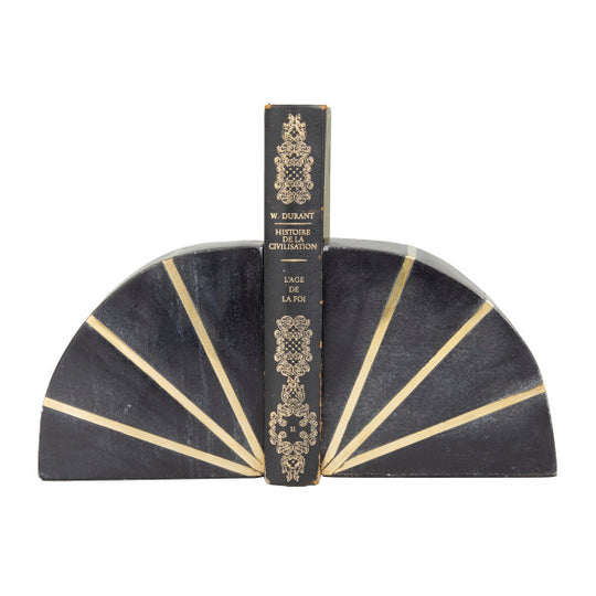 Quarter Moon Geometric Marble Bookends Set with Gold Inlay