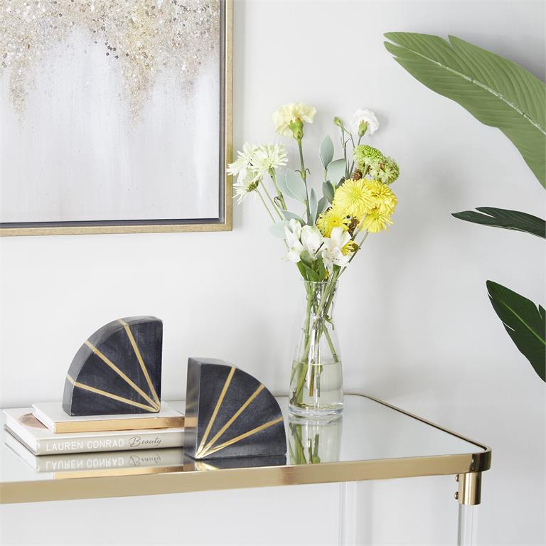 Quarter Moon Geometric Marble Bookends Set with Gold Inlay