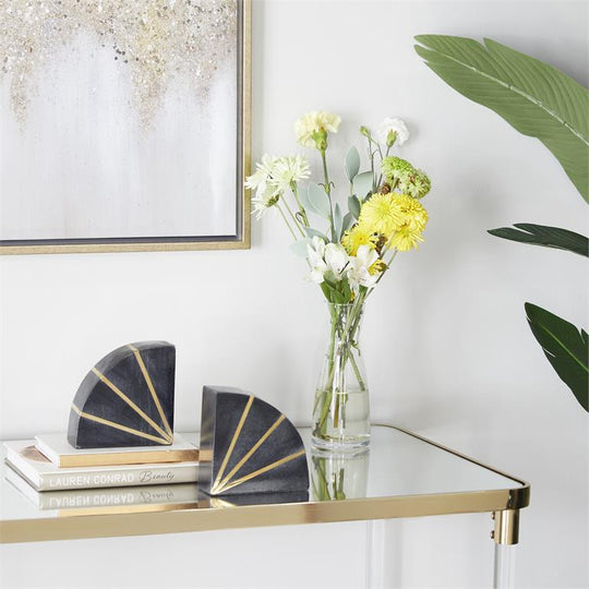 Quarter Moon Geometric Marble Bookends Set with Gold Inlay