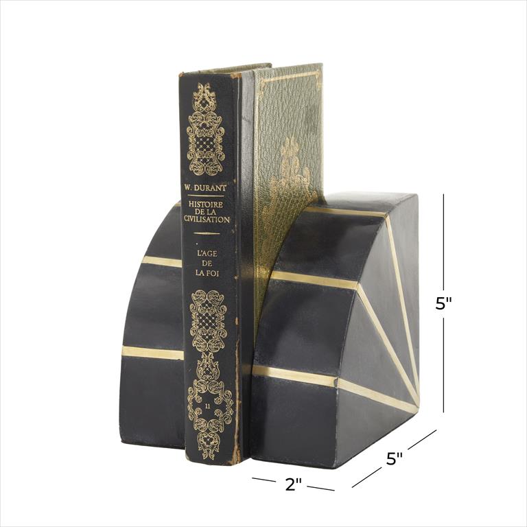 Quarter Moon Geometric Marble Bookends Set with Gold Inlay