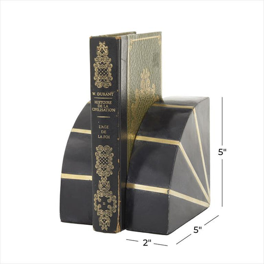 Quarter Moon Geometric Marble Bookends Set with Gold Inlay